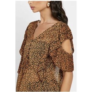TOPSHOP Womens Animal Print Plisse Ruffle Top Size 6 Brown Black